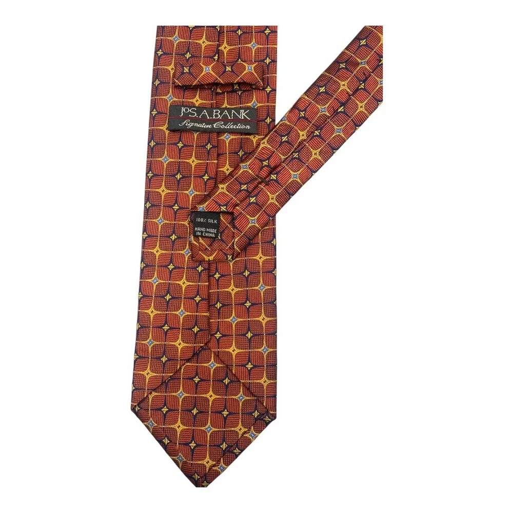 Jos A Bank Signature Collection Silk Tie Geometric‎ Pattern Bronze Yellow Blue